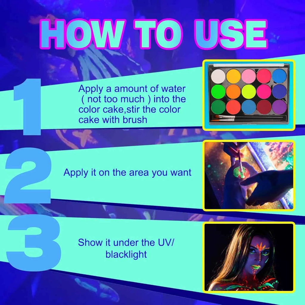 15-Color Uv Fluorescent Water-Based Face Paint Set, Body Painting, Easy to Apply, Easy to Wash Off, for Artistic Parties, Halloween, Carnival, Rainbow Role-Playing, Body Graffiti