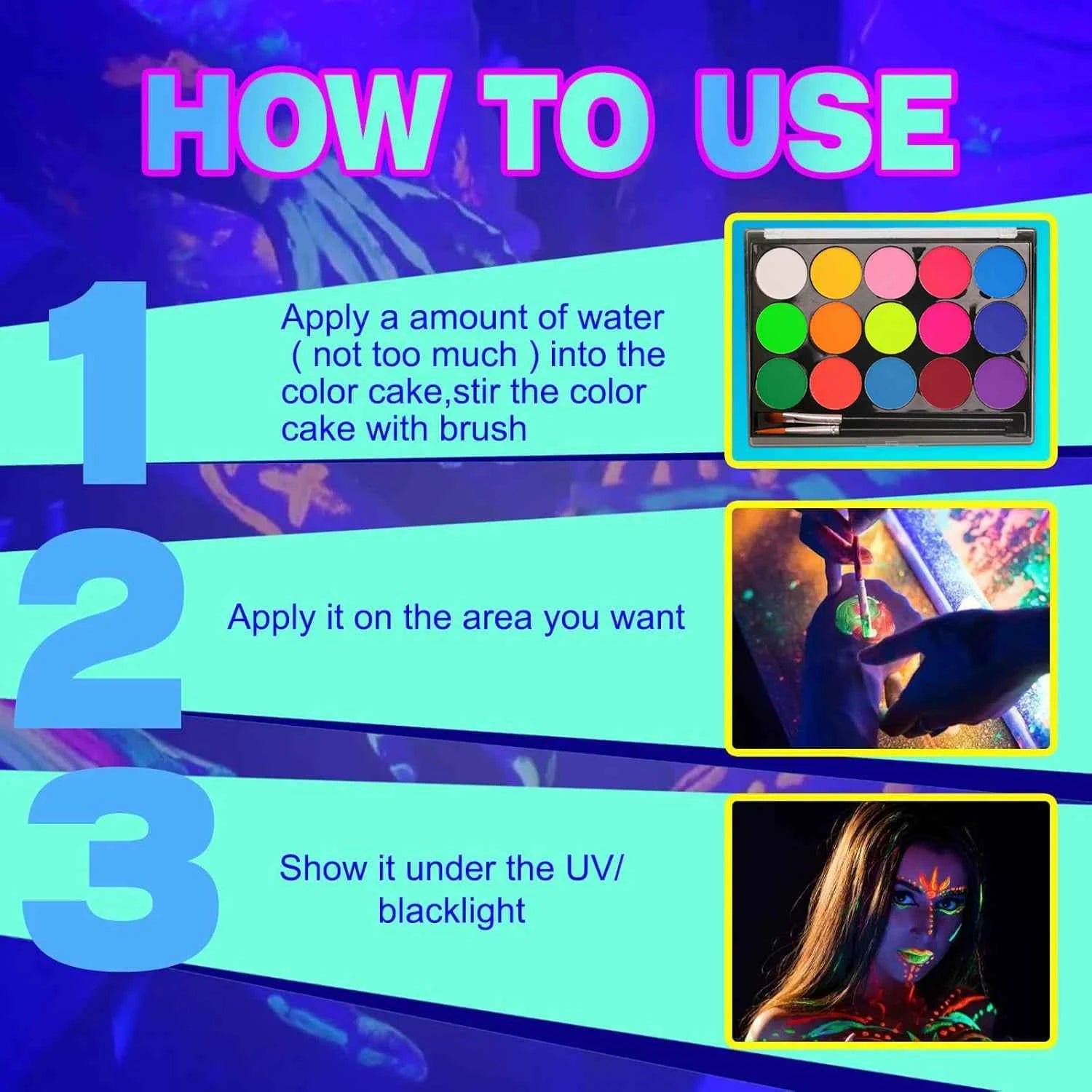 15-Color Uv Fluorescent Water-Based Face Paint Set, Body Painting, Easy to Apply, Easy to Wash Off, for Artistic Parties, Halloween, Carnival, Rainbow Role-Playing, Body Graffiti