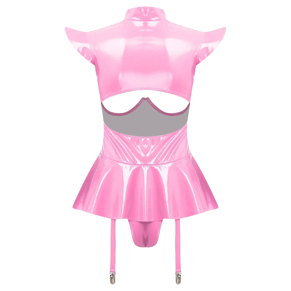Glossy Wet-Look Halter Romper Bodysuit with Flared Skirt Hem & Integrated Garters