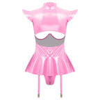 Glossy Wet-Look Halter Romper Bodysuit with Flared Skirt Hem & Integrated Garters