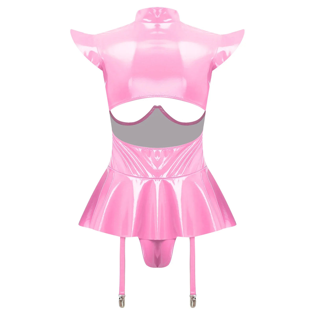 Glossy Wet-Look Halter Romper Bodysuit with Flared Skirt Hem & Integrated Garters