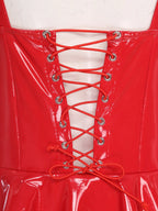 Glossy Wet-Look Halter Romper Bodysuit with Flared Skirt Hem & Integrated Garters
