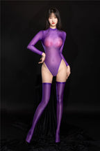 Oil Glossy High-Cut Open Crotch Shaping Bodysuit & Matching Stockings Set
