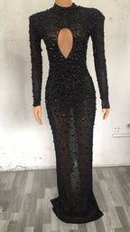 Sparkling Full Crystal Illusion Jumpsuit Long Sleeve Rhinestone Catsuit Stage Wear