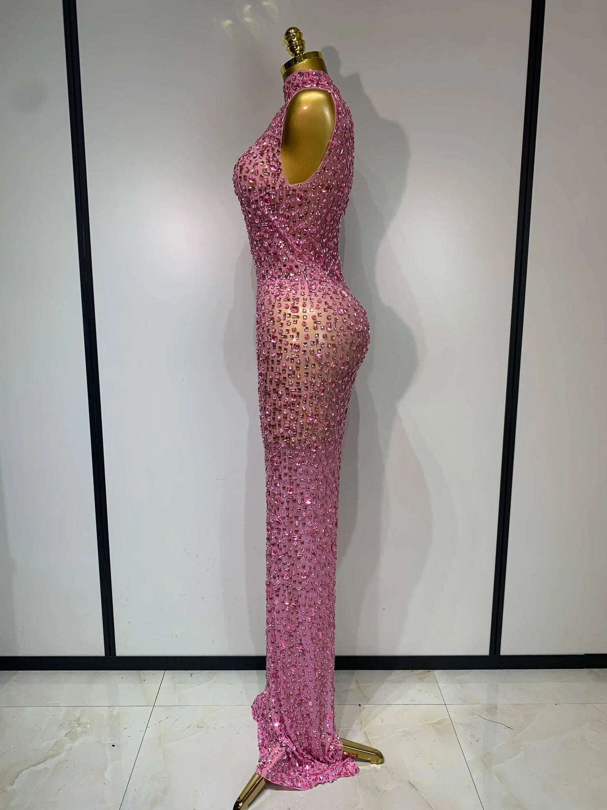 Sparkly Rhinestone Sleeveless Maxi Long Dress See-Through Sheer Mesh Stage Outfit