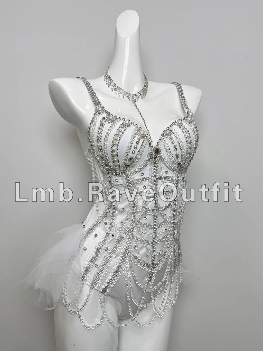 Black Beaded Chain Fringe Showgirl Bodysuit – Glamour Stage & Festival Performance Costume
