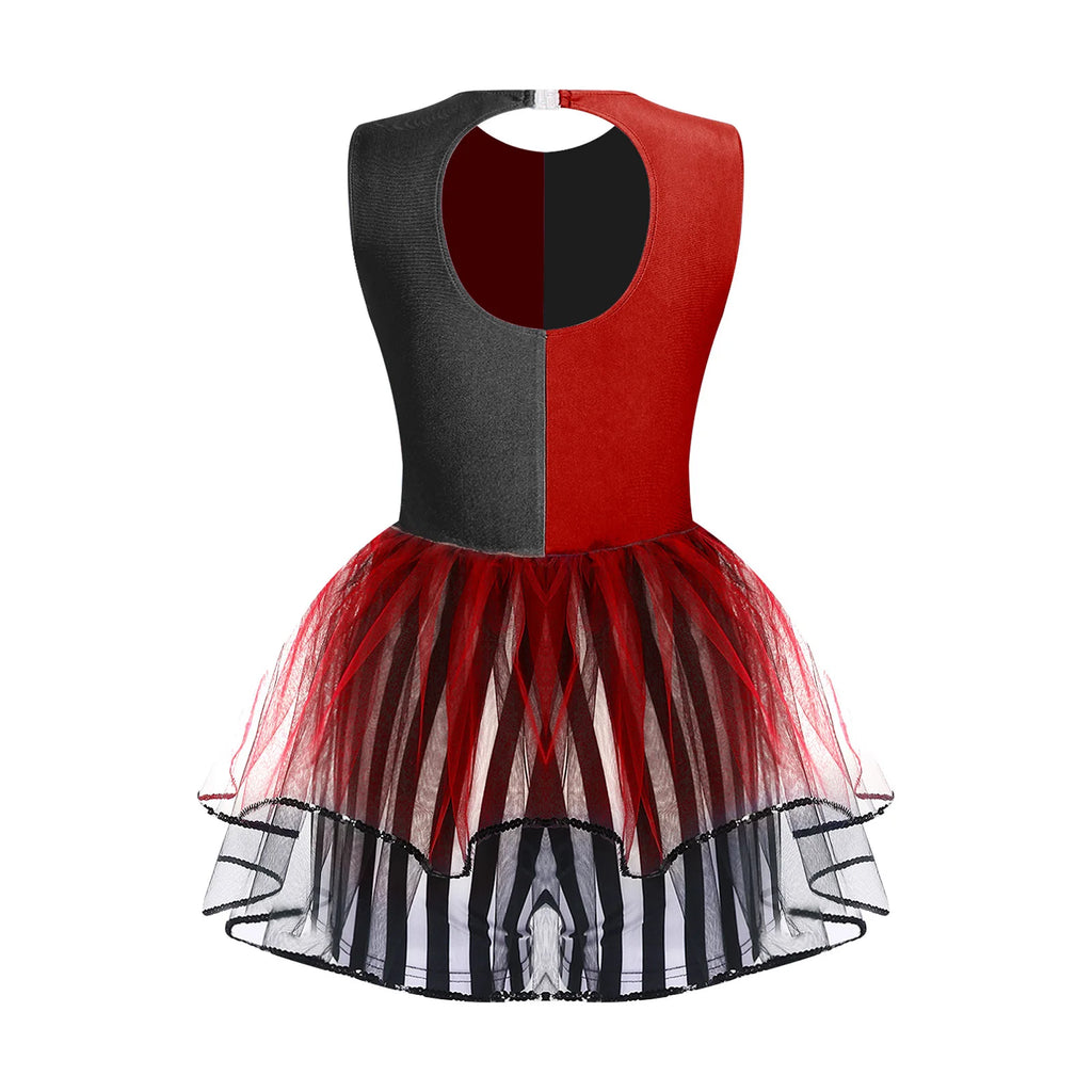 Womens Circus Clown Mad Hat Cosplay Costume Jumpsuit Sequin And Striped Patchwork Checker Bowtie Tiered Tulle Hem Cutout Rompers - Big Tim's Magic Emporium