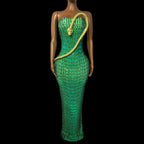 Emerald Snake Rhinestone Illusion Strapless Gown Sculpted Serpent Floor-Length Evening Dress