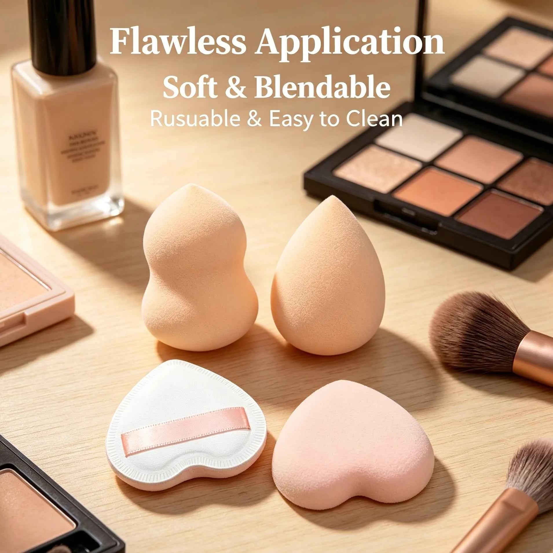 A 4-piece set of skin tone, multi-shade, and versatile makeup sponge kits, perfect for both dry and wet makeup applications.