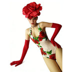 Scarlet Rose Floral Bodysuit, Opera Gloves & 3D Flower Headpiece 3-Piece Stage Costume Set