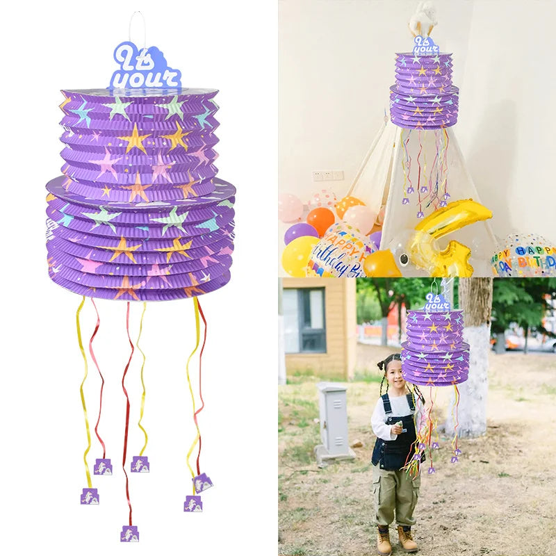 Purple Pull String Piñata Small Lantern Foldable Style Candy Smashing Game for Birthday Party Carnival Themed Events Supplies