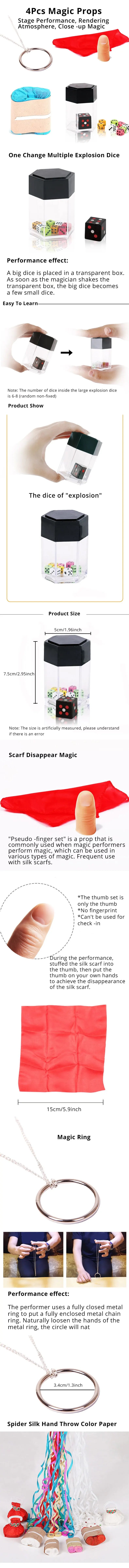 4 Pack Magic Tricks Set for Beginners - Ring Vanish Scarf Thumb Dice, Stage Illusion Props with Guide Kids Magic Toy - Big Tim's Magic Emporium