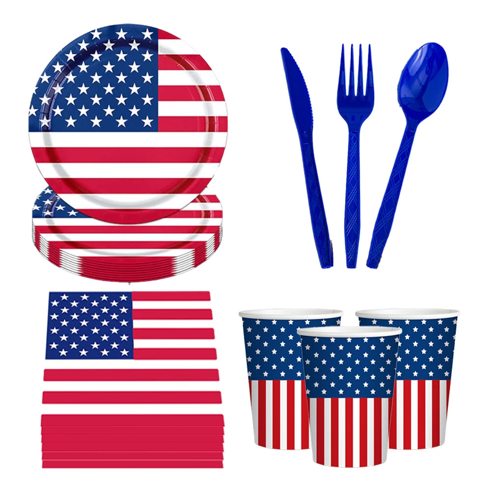 120 Pcs American Flag Disposable Tableware Plates, Cups, Napkins For USA Patriotic Theme Party, 4th Of July, Independence Day