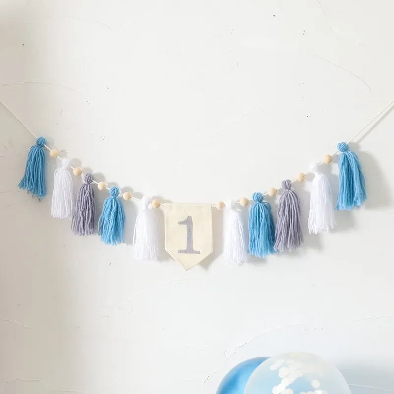 Baby Happy Birthday Party 1-3 Years Old Tassel Banner Newborn Milestone Take Picture Photography Props Party Decoration Supplies