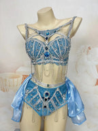 Sapphire Blue Rhinestone Bikini & Micro Skirt 2-Piece Stage Dance Costume Set