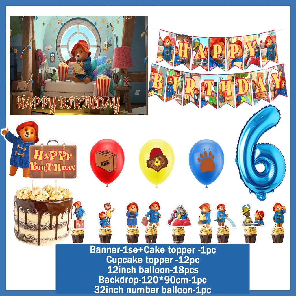 Cartoon&Paddingtons Party Supplies Happy Birthday Banner Bears Balloons Cupcake Toppers Backdrop Kids Birthday Baby Shower Gift