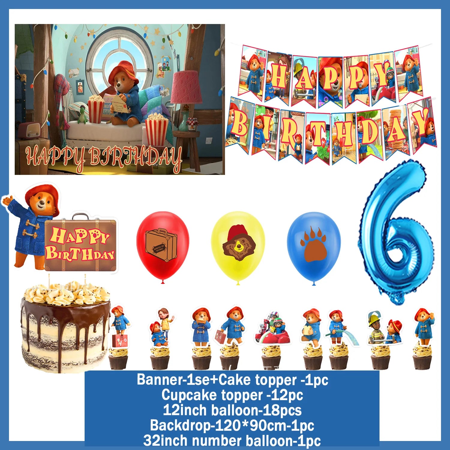 Cartoon&Paddingtons Party Supplies Happy Birthday Banner Bears Balloons Cupcake Toppers Backdrop Kids Birthday Baby Shower Gift