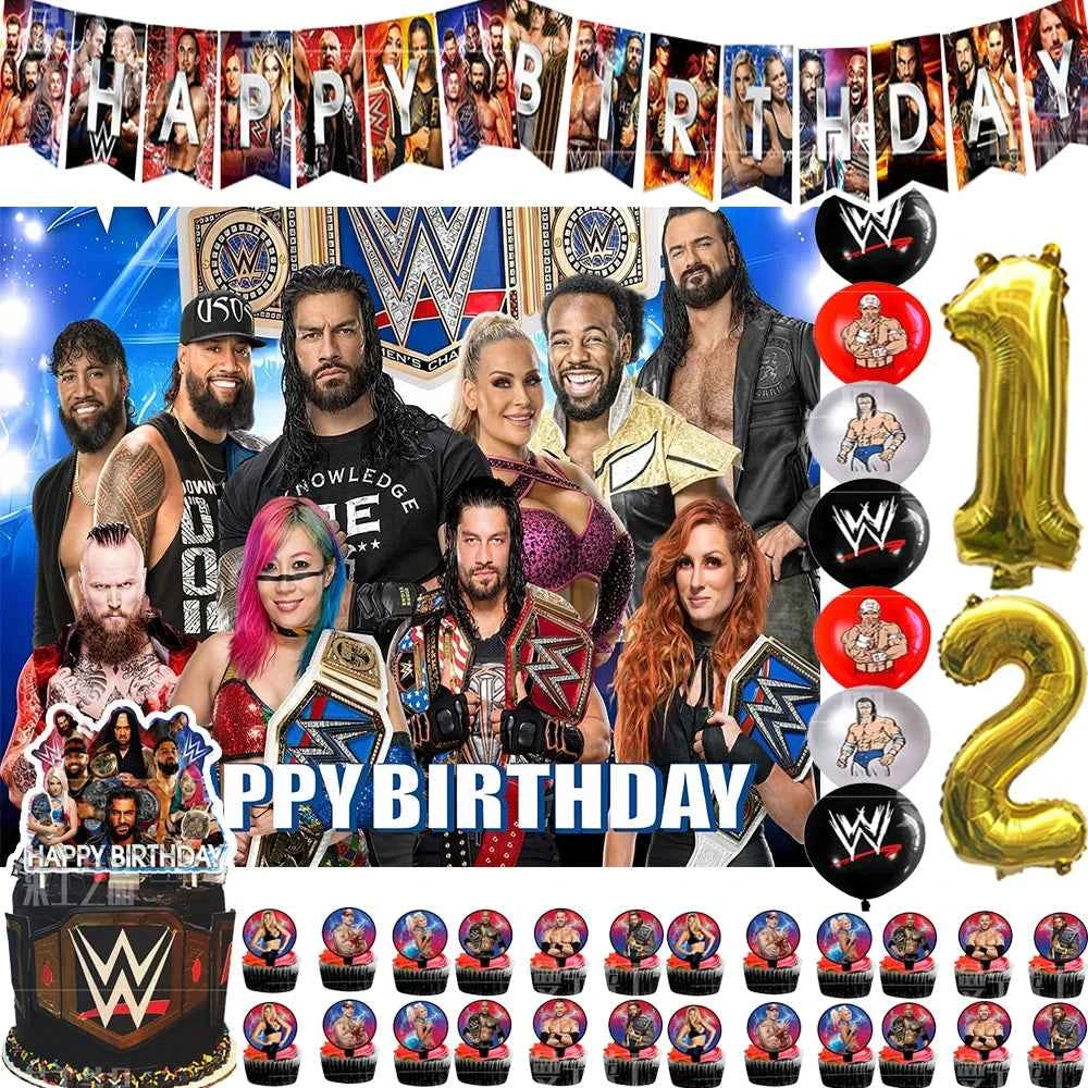 Sport-&Wrestling&Triathlon Boys Birthday Party Supplies Decor Boxing Match Balloon Cake Topper Banner Backdrop Baby Shower Props