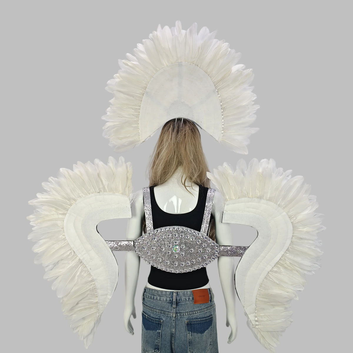 Carnival Elegant Ladies Feather Headdress Wings Two-Piece Role Play Catwalk Halloween Masquerade Carnival Party Suit