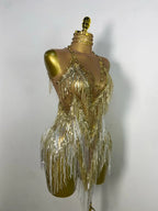 Sparkly Rhinestone & Tassel Fringe Latin Dance Mini Dress Stage Costume