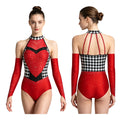 Queen of Hearts Rhinestone Halter Bodysuit & Sleeves Checkered Circus Stage Costume Set
