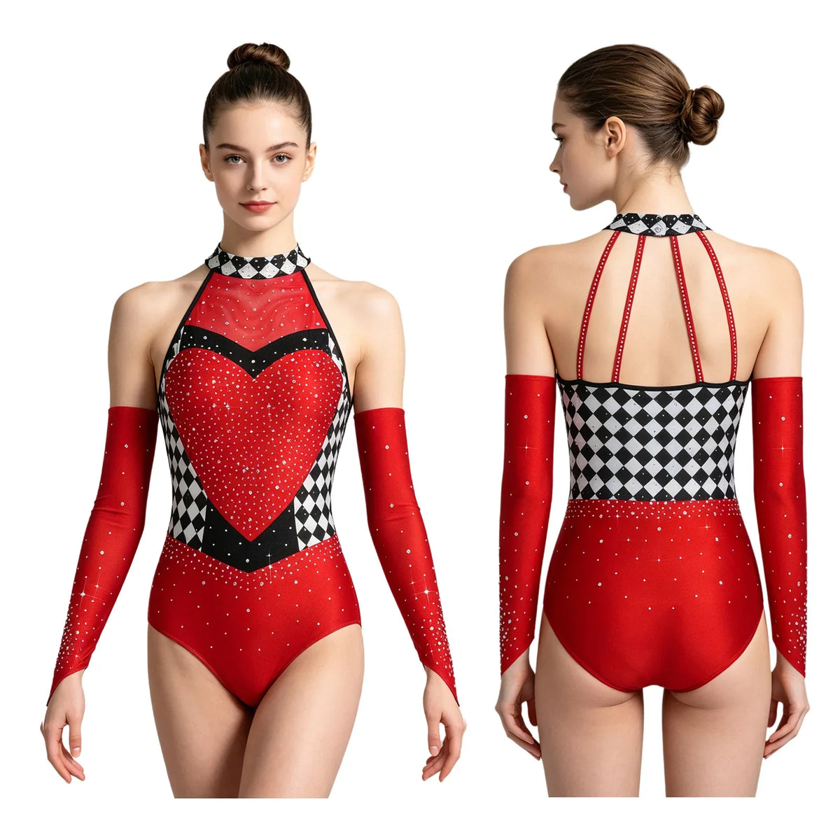 Queen of Hearts Rhinestone Halter Bodysuit & Sleeves Checkered Circus Stage Costume Set