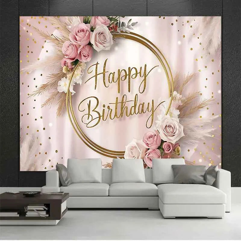 Happy Birthday Party Banner | Multi colored background with floral and gold glitter accents | Elegant Pink