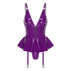 Glossy Wet-Look Halter Romper Bodysuit with Flared Skirt Hem & Integrated Garters