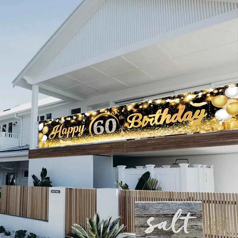 Black Gold Happy Birthday Banner Balloon Flag Adult 30th 40th 50th 60th Birthday Party Decoration Supplies Bunting Anniversary
