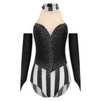 Circus Ringmaster Rhinestone Striped Leotard & Fingerless Gloves Costume Set