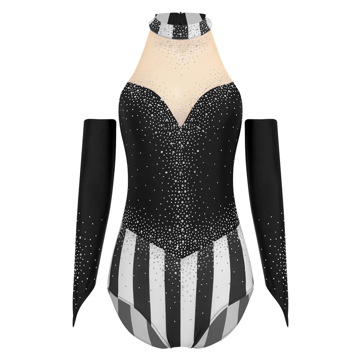 Circus Ringmaster Rhinestone Striped Leotard & Fingerless Gloves Costume Set