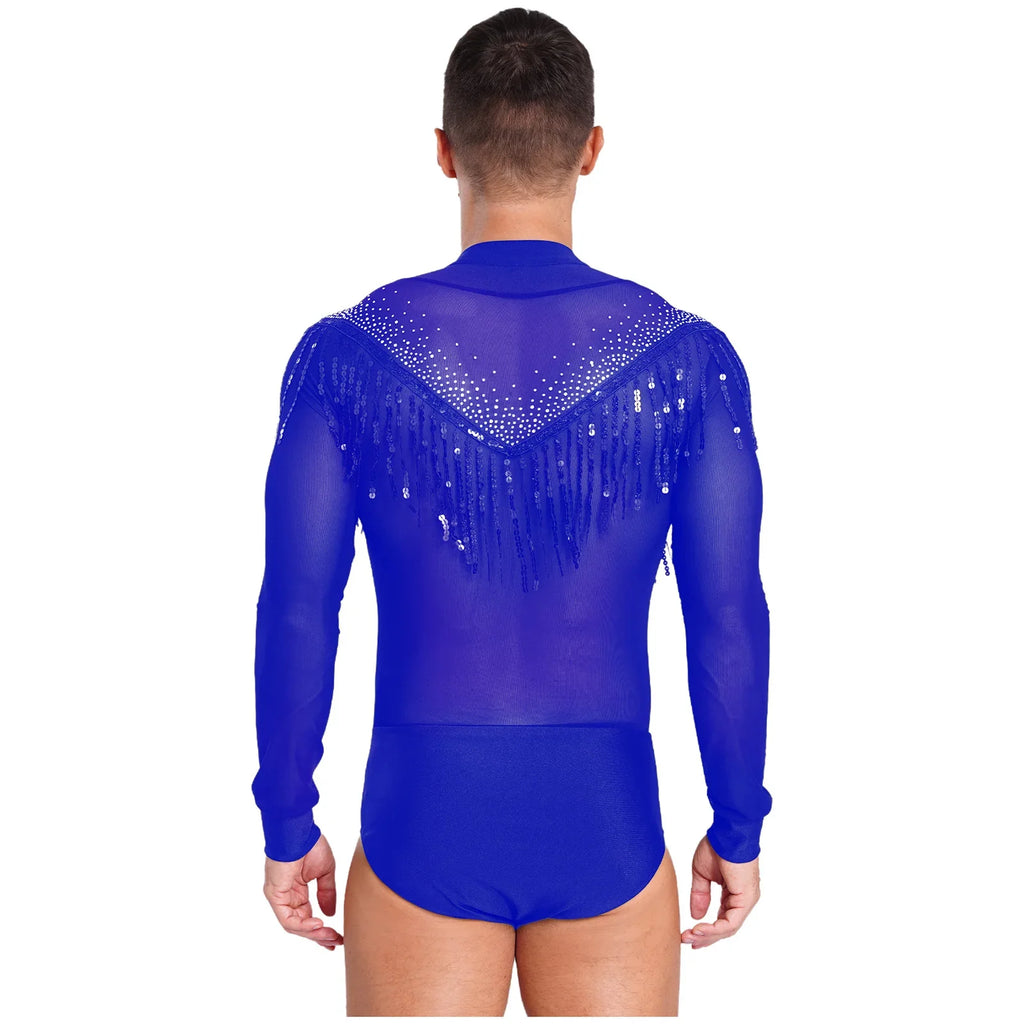 Men's Latin Salsa Sequin Tassel & Rhinestone V-Neck Performance Leotard Bodysuit