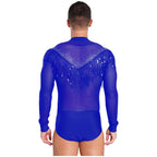 Men's Latin Salsa Sequin Tassel & Rhinestone V-Neck Performance Leotard Bodysuit