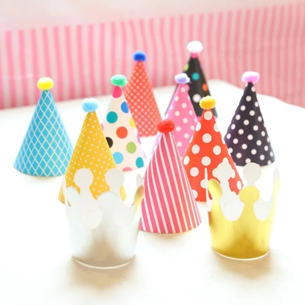 Polka Dot Birthday Party Hats Colorful Paper Party Cone Hats with Pom Poms DIY Handmade Birthday Crown Hat Birthday Photo Props - Big Tim's Magic Emporium