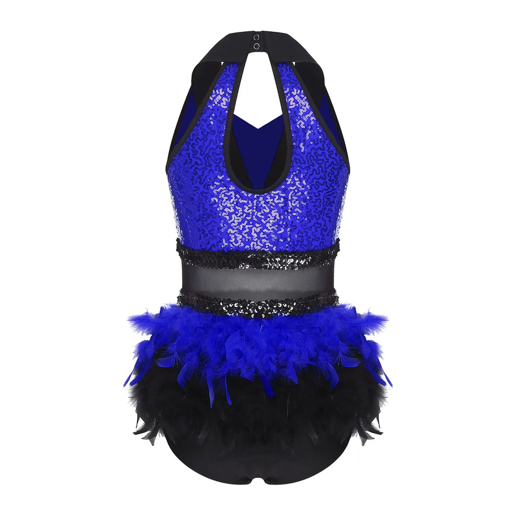 Women's Shiny Sequin Sheer Mesh Feather Latin Jazz Dance Bodysuit