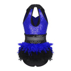 Women's Shiny Sequin Sheer Mesh Feather Latin Jazz Dance Bodysuit