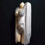 Sparkly Crystal Rhinestone & Tassel Fringe Bodysuit Costume Set with Bra & Belt