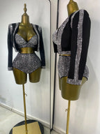 Rhinestone Bustier, High-Waist Mini Shorts & Cropped Jacket 3-Piece Performance Costume Set
