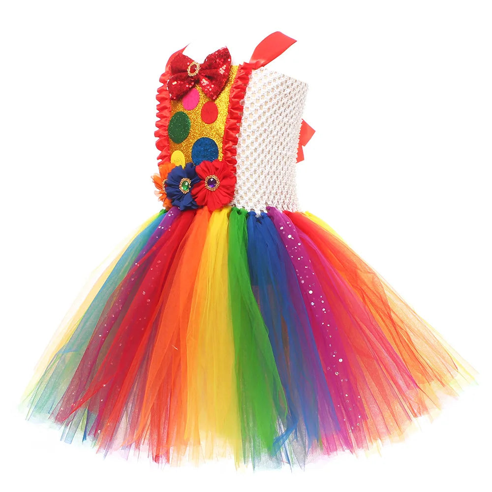 Clown Multicolored Circus Costume for Girls Funny Joker Halloween Tutu Dress Kids Fancy Birthday Party Pageant Carnival Clothes - Big Tim's Magic Emporium