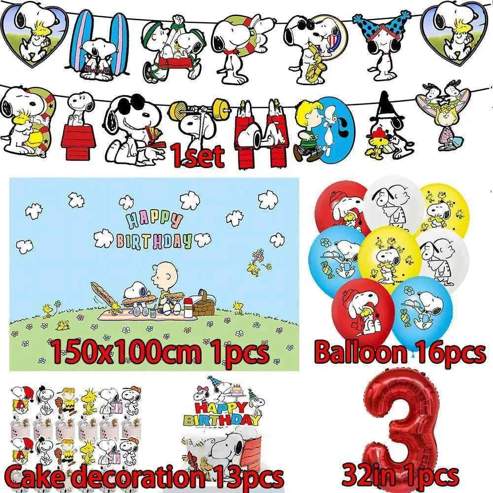 Cartoon Snoopys Birthday Decoration Set Banners Cake Toppers Balloons Backdrops Kids Birthday Gifts Baby Shower Party Supplies