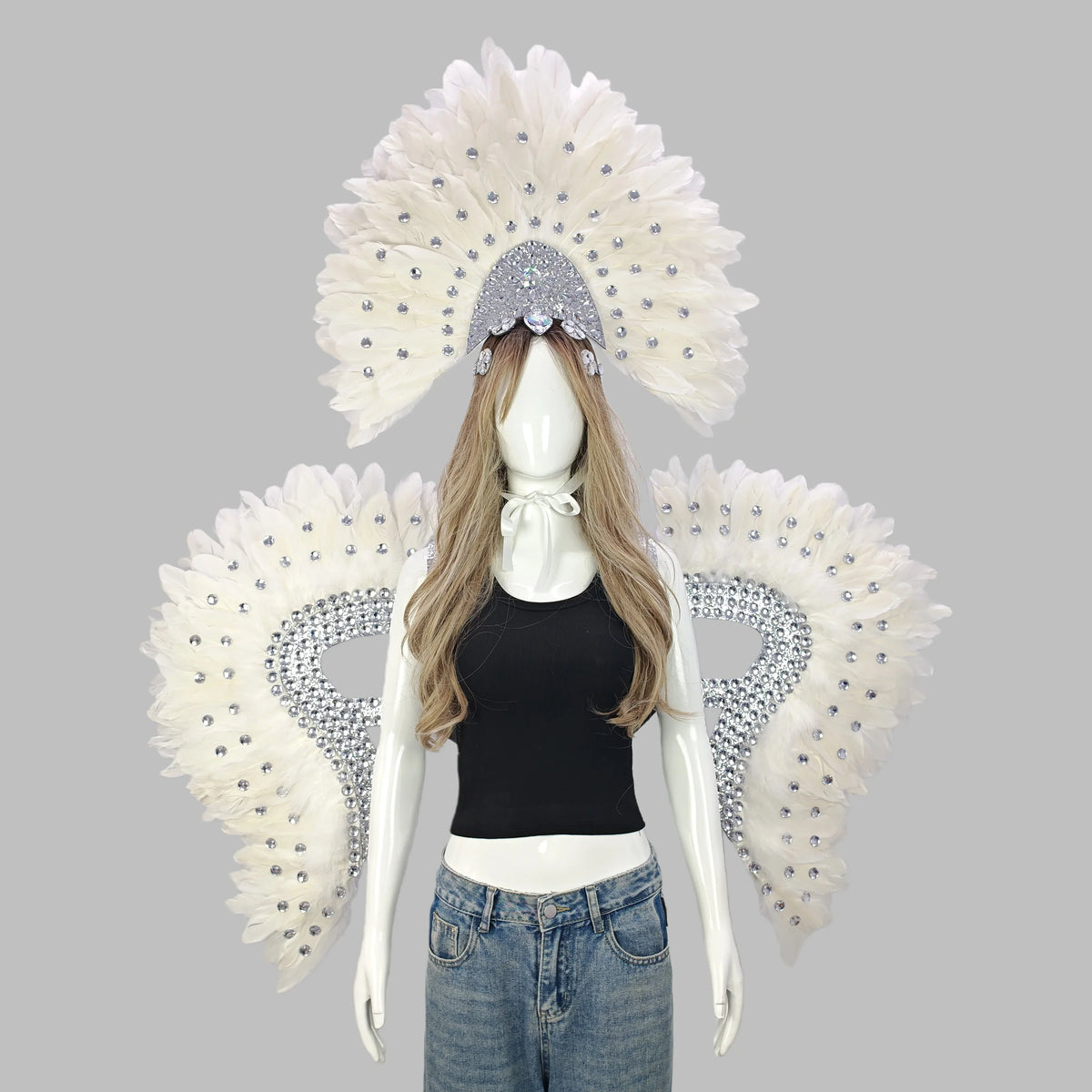 Carnival Elegant Ladies Feather Headdress Wings Two-Piece Role Play Catwalk Halloween Masquerade Carnival Party Suit
