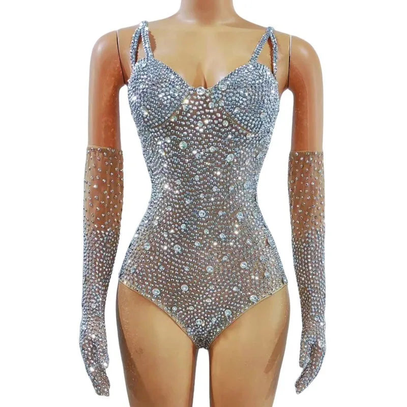 Silver Rhinestone Mesh Showgirl Bodysuit with Matching Crystal Gloves – Glamour Stage Performance Costume Set
