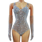Silver Rhinestone Mesh Showgirl Bodysuit with Matching Crystal Gloves – Glamour Stage Performance Costume Set