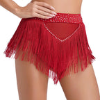 Rhinestone Tassel High-Waist Dance Shorts & Sheer Mesh Fringe Skirt