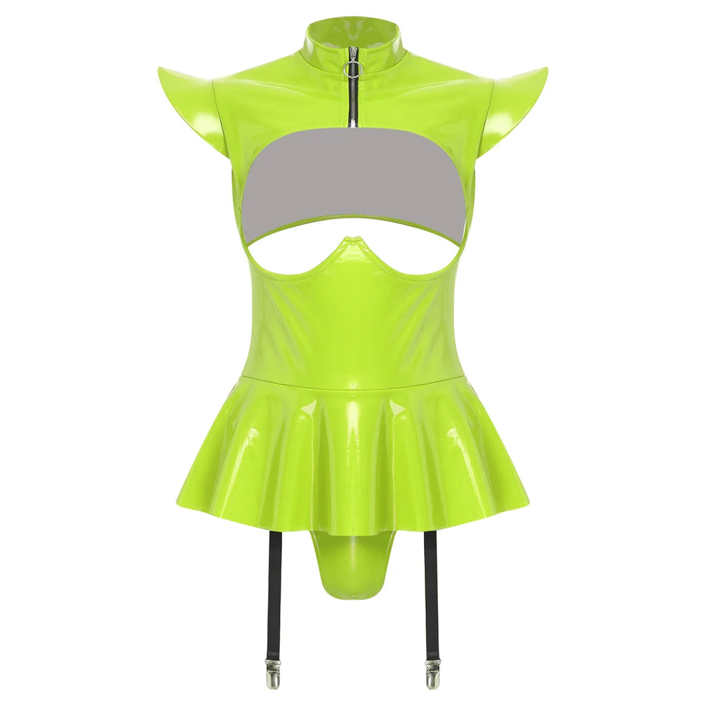 Glossy Wet-Look Halter Romper Bodysuit with Flared Skirt Hem & Integrated Garters