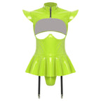 Glossy Wet-Look Halter Romper Bodysuit with Flared Skirt Hem & Integrated Garters