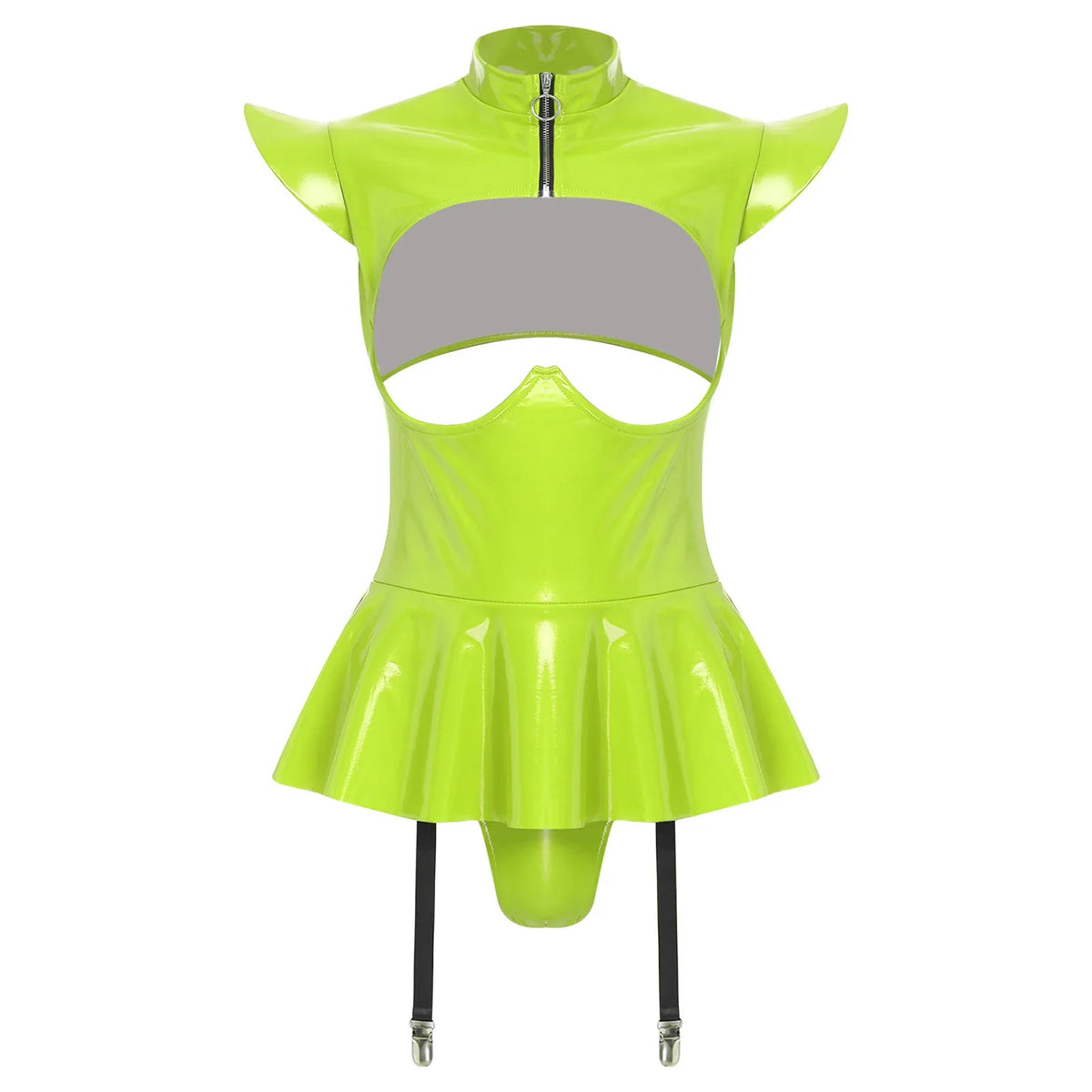 Glossy Wet-Look Halter Romper Bodysuit with Flared Skirt Hem & Integrated Garters