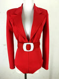 Women's Long Sleeve Blazer Bodysuit with Crystal Belt, V-Neck Zipper Stage & Concert Performance Costume