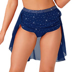 Womens Modern Lyrical Dance Skirt Performance Costume Sparkly Rhinestone Irregular Chiffon Hem Built-in Briefs Skirt Dancewear
