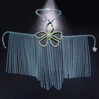 Rhinestone Tassel Flower Bralette Body Chain – Crystal Fringe Chest Harness Bra Chain in Gold or Silver